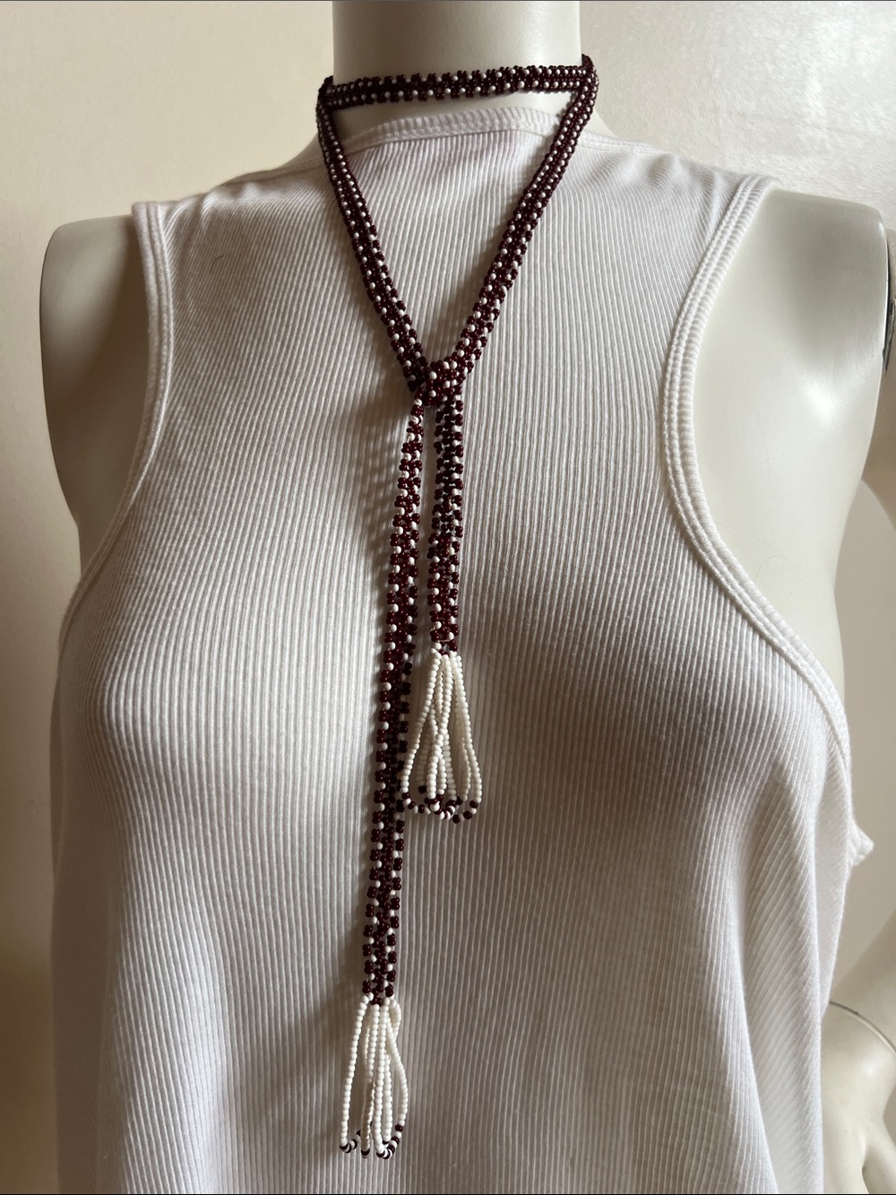 Beaded Lariat Necklace in Dark Brown and Cream
